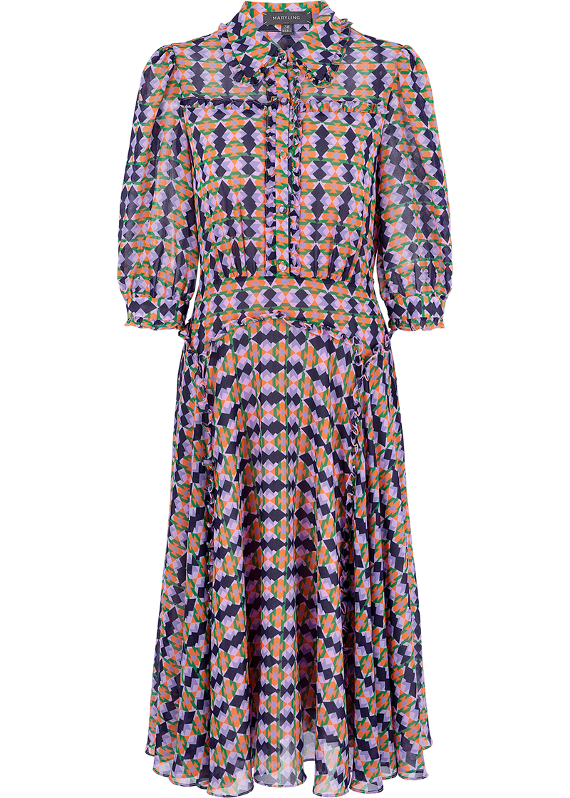 SALAZIA Purple-Blue Diamond Grid Long-Sleeve Dresses
