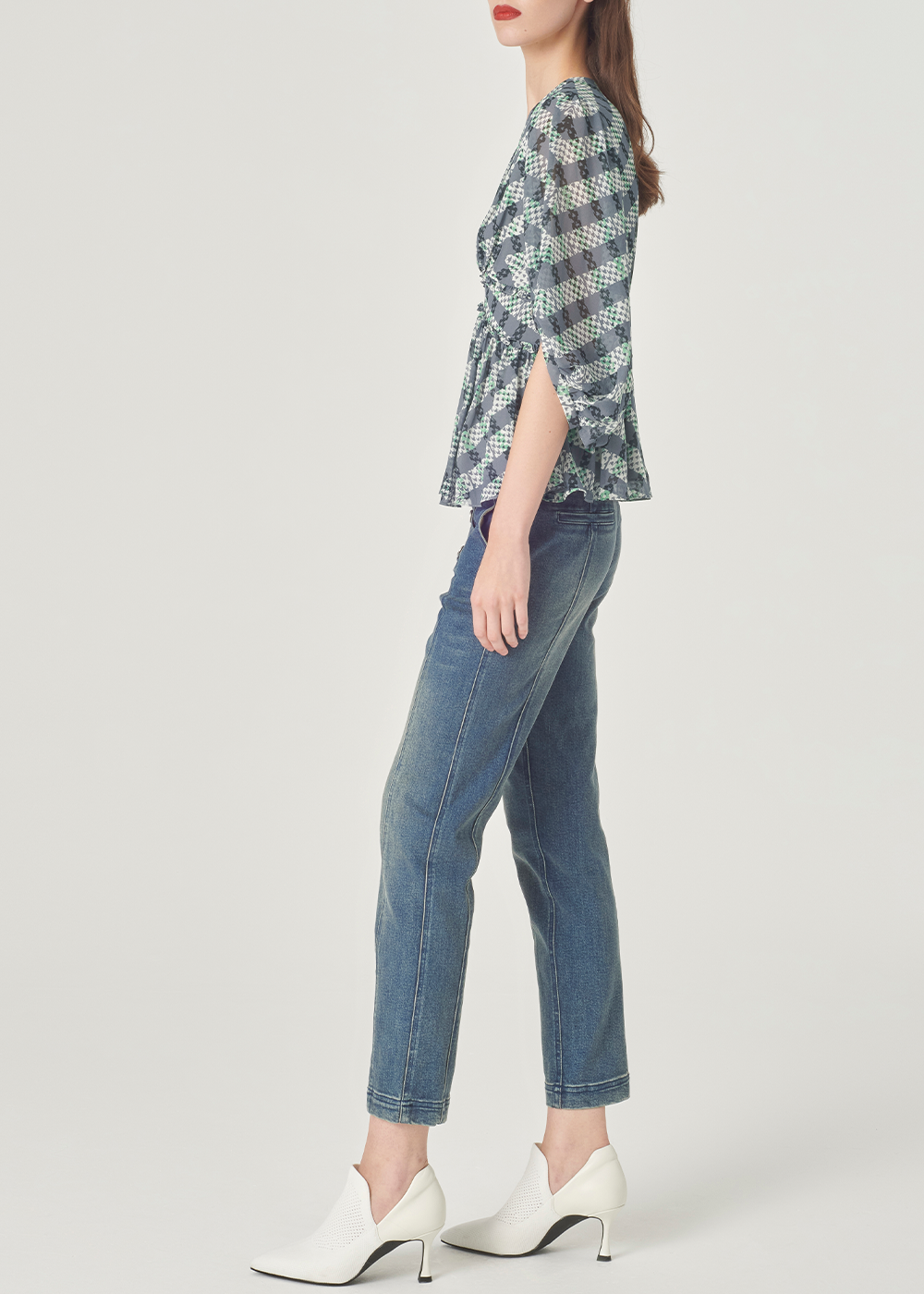 SALAZIA Black-Grey Stripe and Green Plaid Blouses