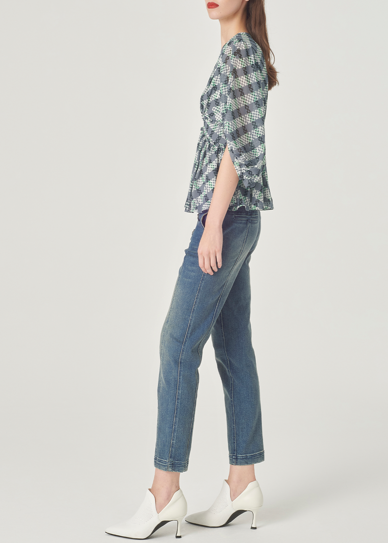 SALAZIA Black-Grey Stripe and Green Plaid Blouses