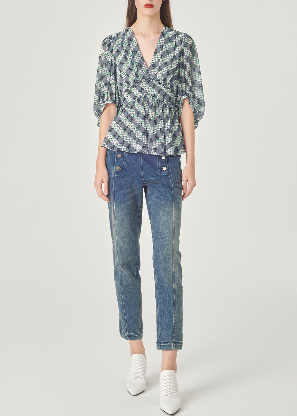 SALAZIA Black-Grey Stripe and Green Plaid Blouses