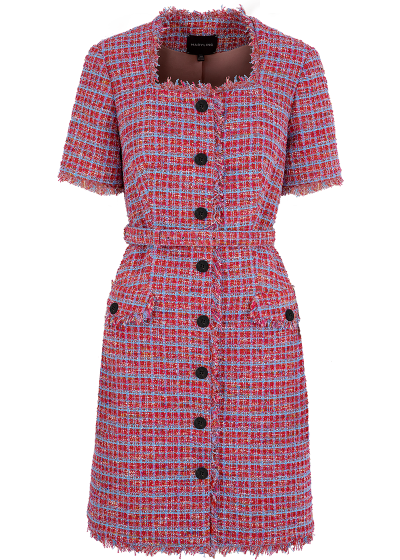SALAZIA Pink-Blue Plaid Mini Dresses