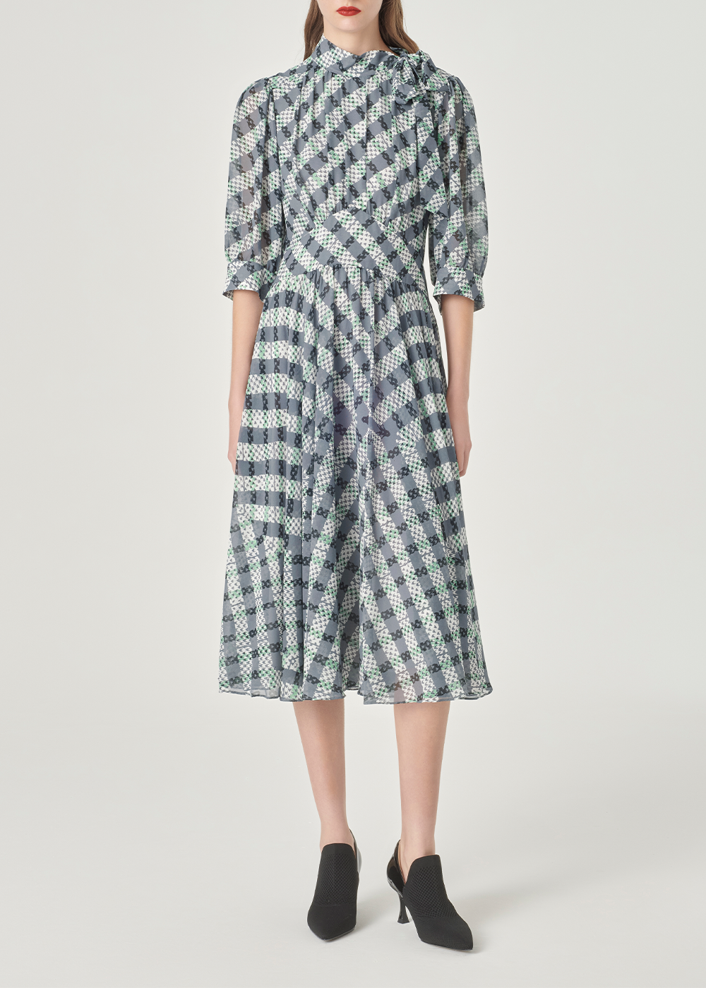 SALAZIA Black-Grey Stripe and Green Plaid Dresses