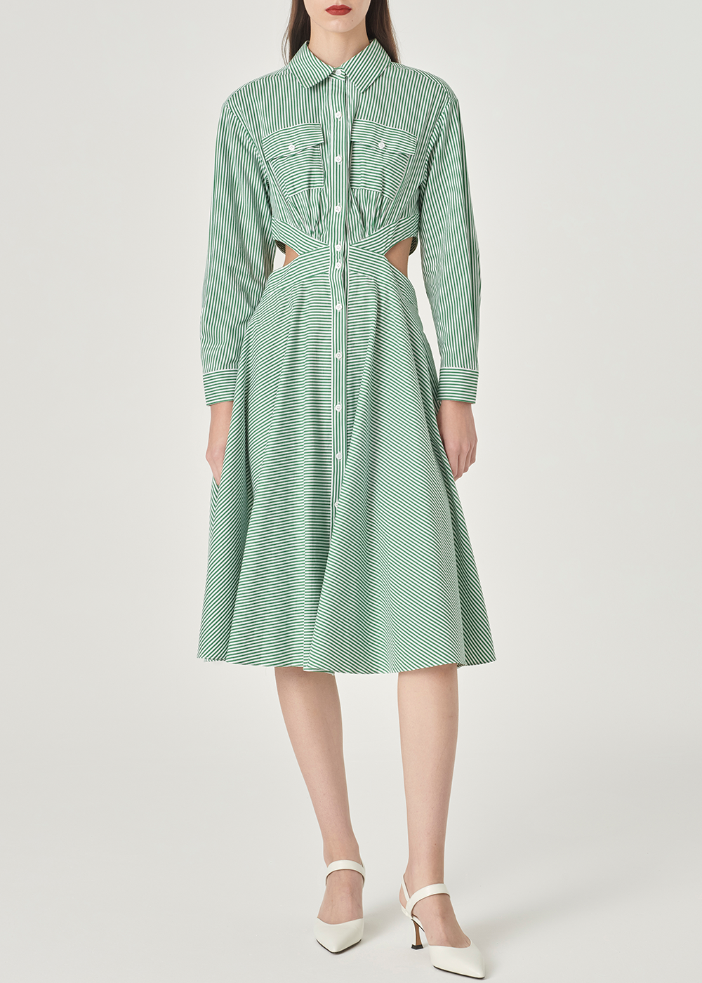 SALAZIA Green-White Striped Maxi Dresses
