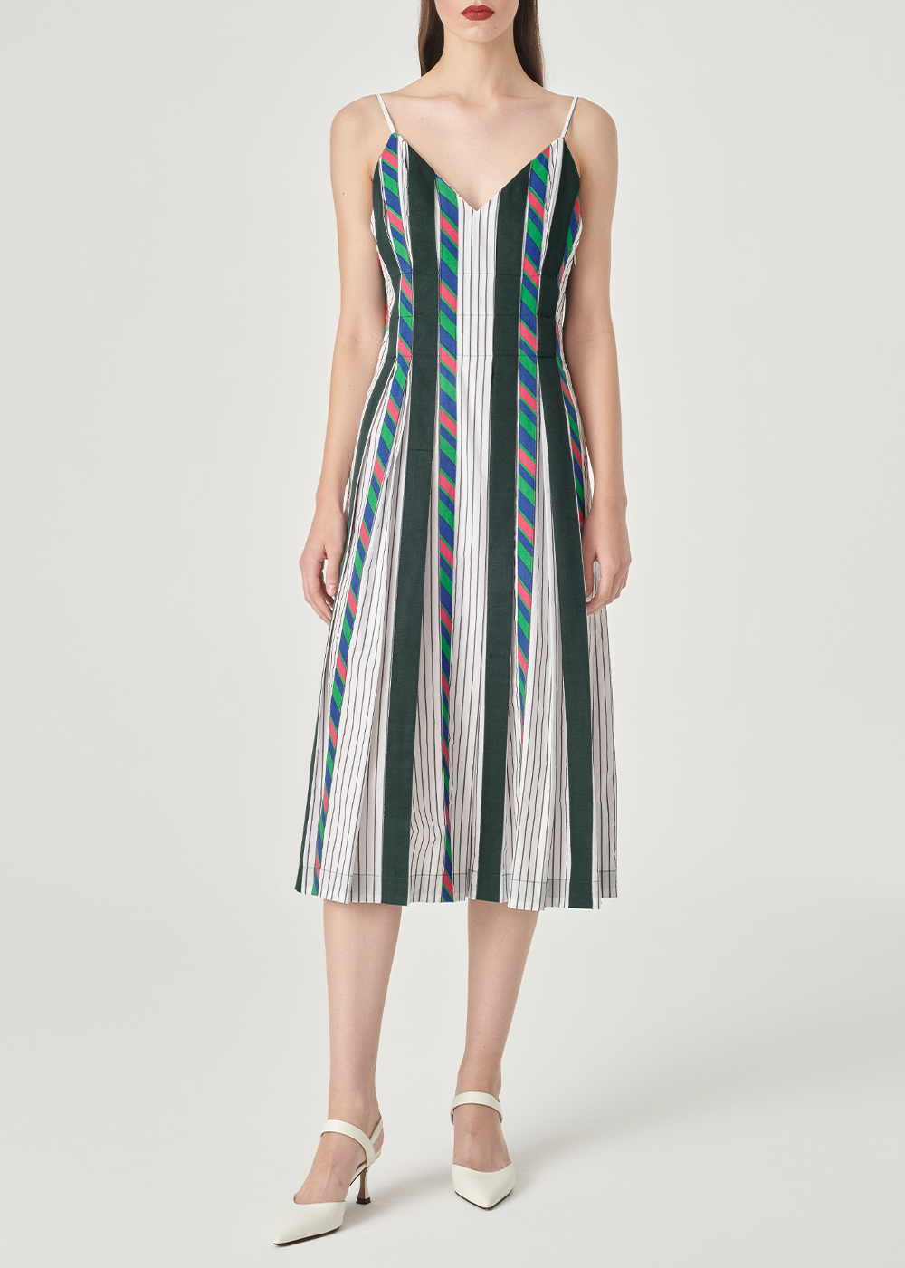 SALAZIA Green-White Striped Cotton Dresses