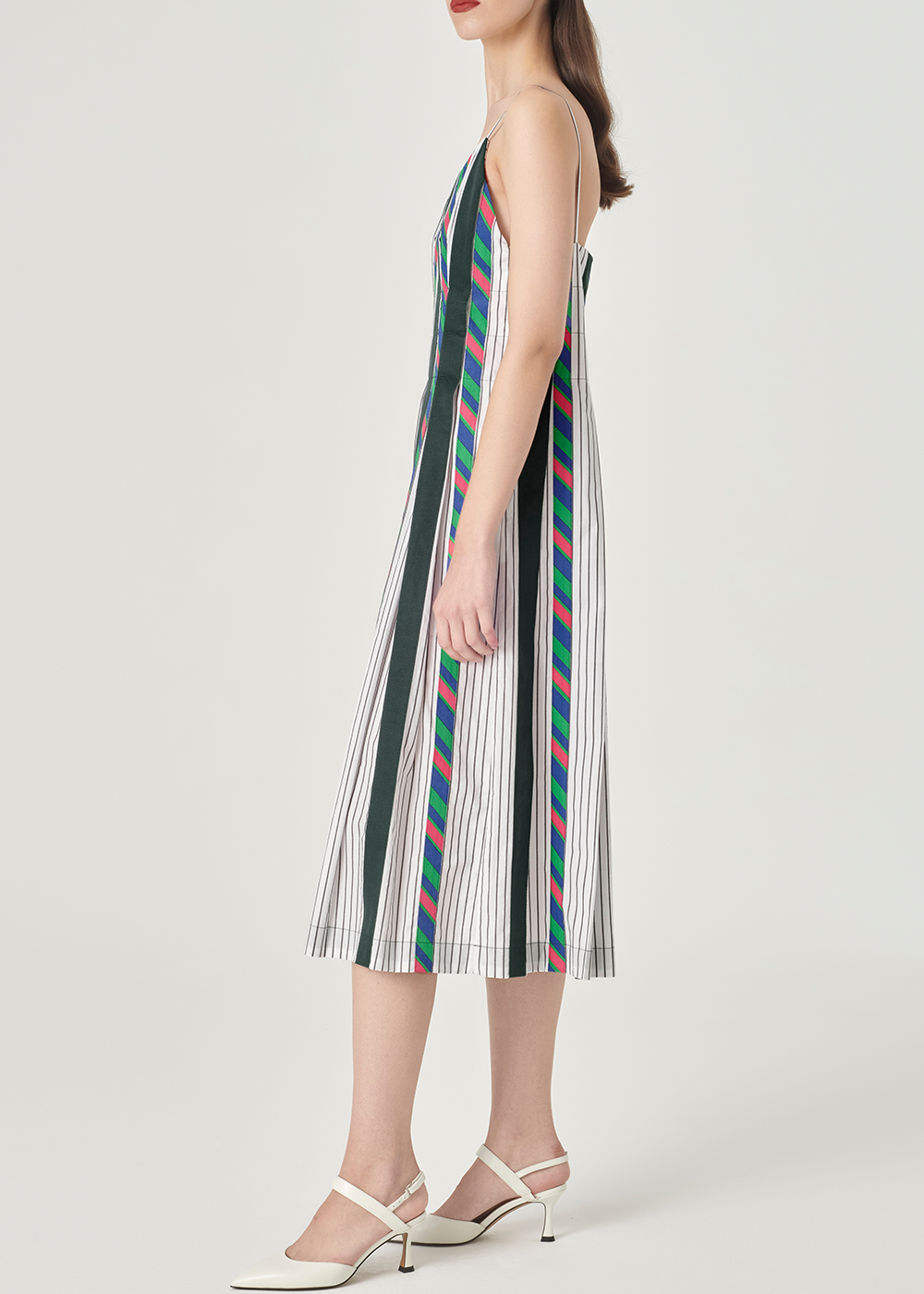 SALAZIA Green-White Striped Cotton Dresses