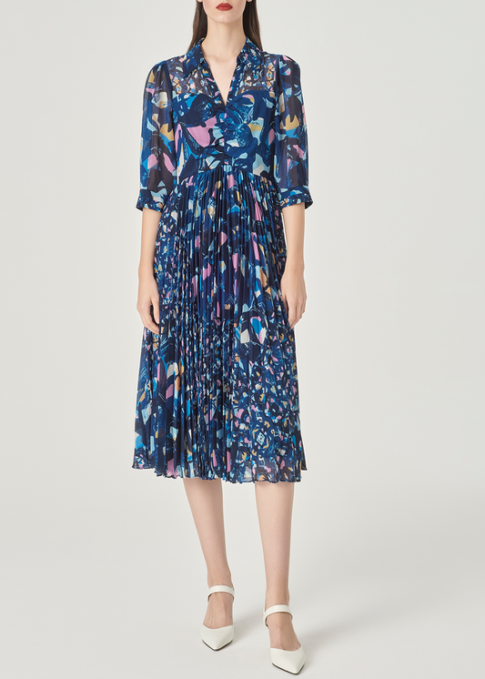 SALAZIA Blue-Pink Floral Long-Sleeve Dresses