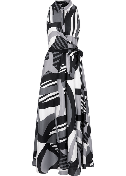 SALAZIA Black-White Silhouette Floral Silk Dresses
