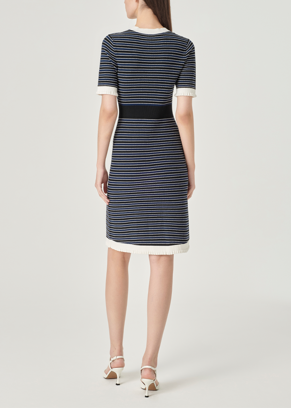 SALAZIA Blue-White Colorblock Viscose Blend Knit Short-Sleeve Dresses