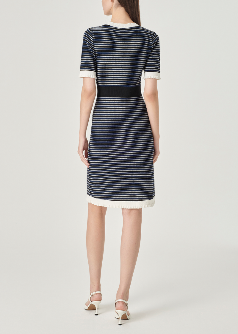 SALAZIA Blue-White Colorblock Viscose Blend Knit Short-Sleeve Dresses
