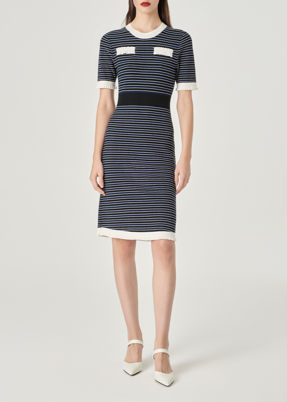 SALAZIA Blue-White Colorblock Viscose Blend Knit Short-Sleeve Dresses