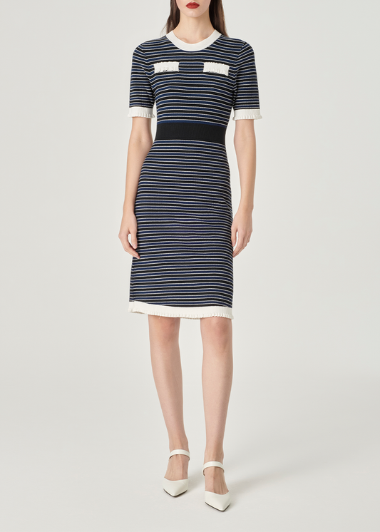 SALAZIA Blue-White Colorblock Viscose Blend Knit Short-Sleeve Dresses