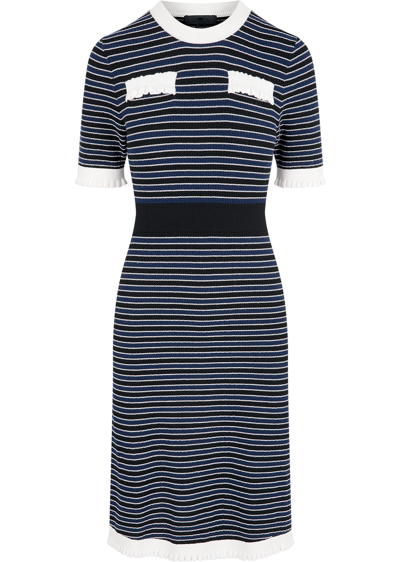 SALAZIA Blue-White Colorblock Viscose Blend Knit Short-Sleeve Dresses