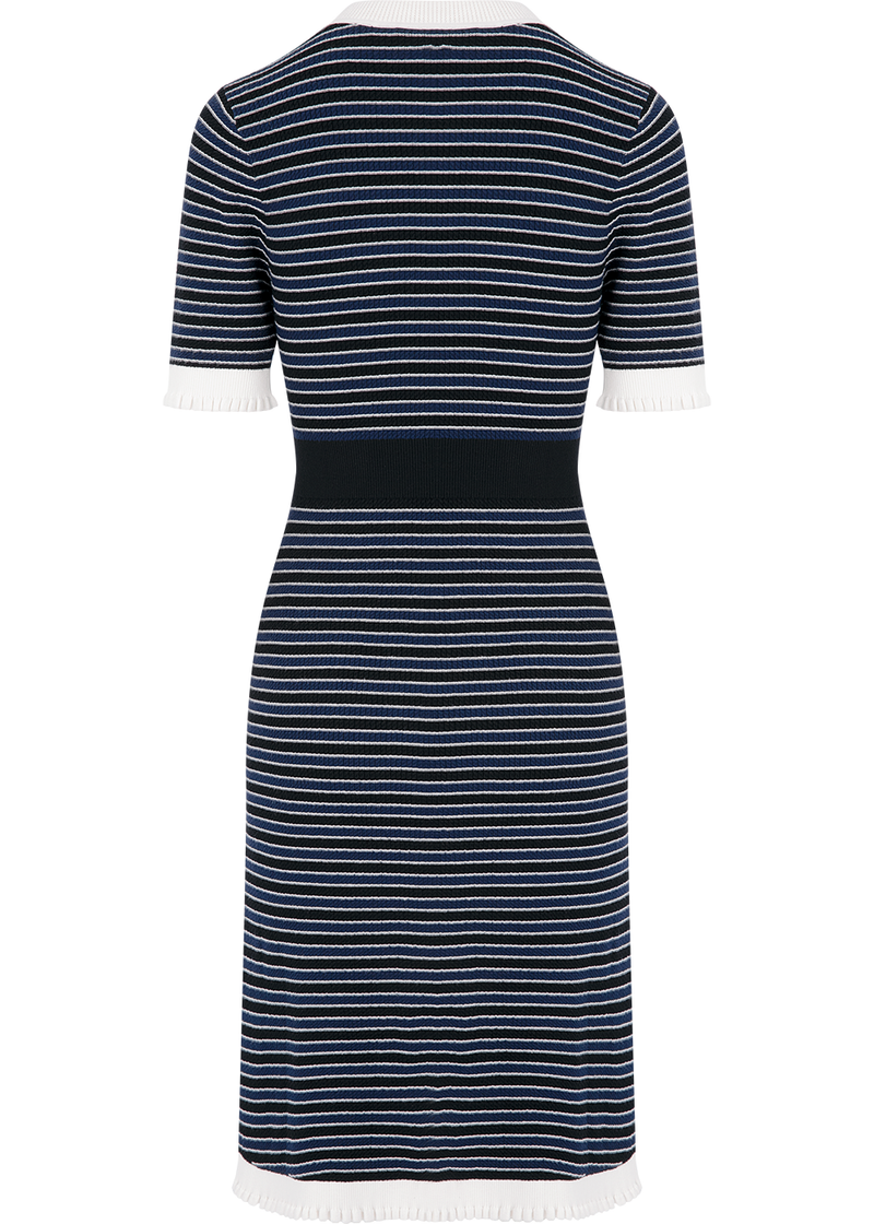 SALAZIA Blue-White Colorblock Viscose Blend Knit Short-Sleeve Dresses
