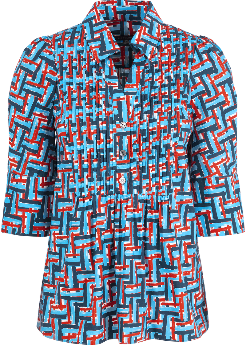SALAZIA Blue-Red Weave Cotton Blouses