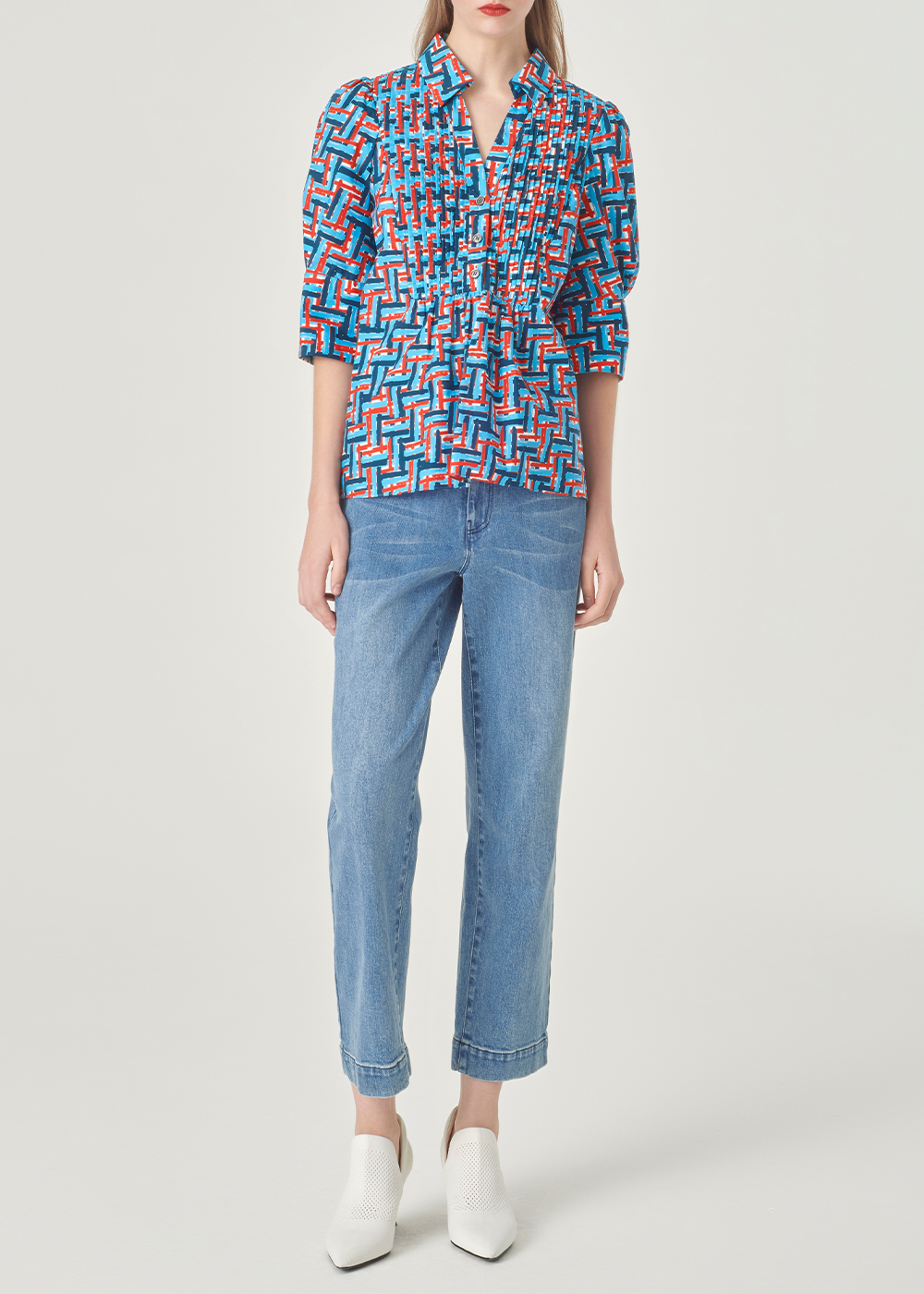 SALAZIA Blue-Red Weave Cotton Blouses