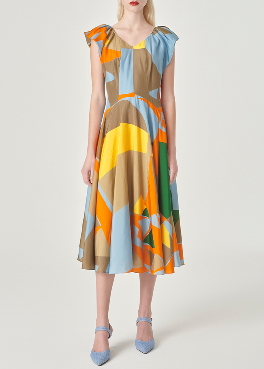 SALAZIA Blue-Yellow Collage Silk Dresses