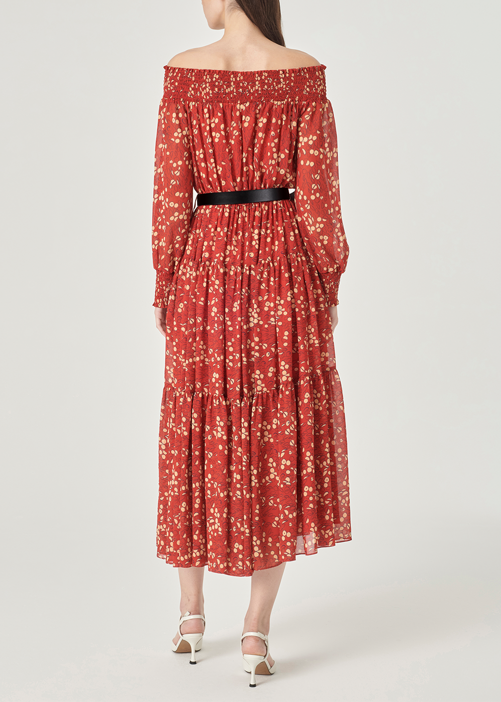 SALAZIA Red-Apricot Circle Print Long-Sleeve Dresses
