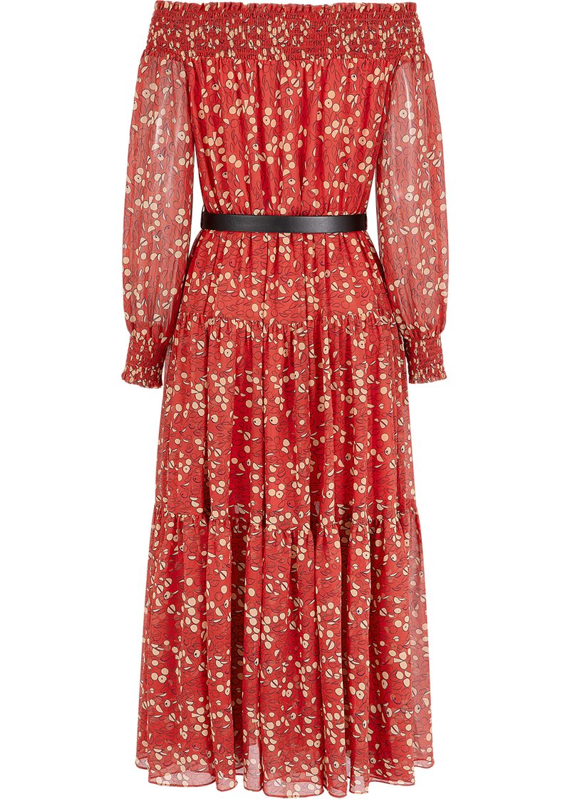 SALAZIA Red-Apricot Circle Print Long-Sleeve Dresses