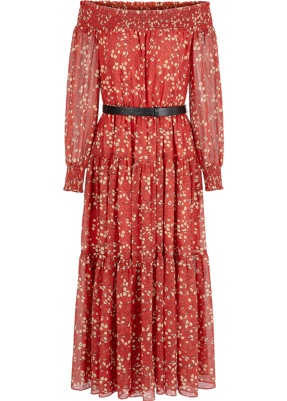SALAZIA Red-Apricot Circle Print Long-Sleeve Dresses