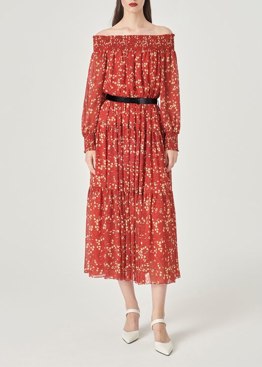 SALAZIA Red-Apricot Circle Print Long-Sleeve Dresses