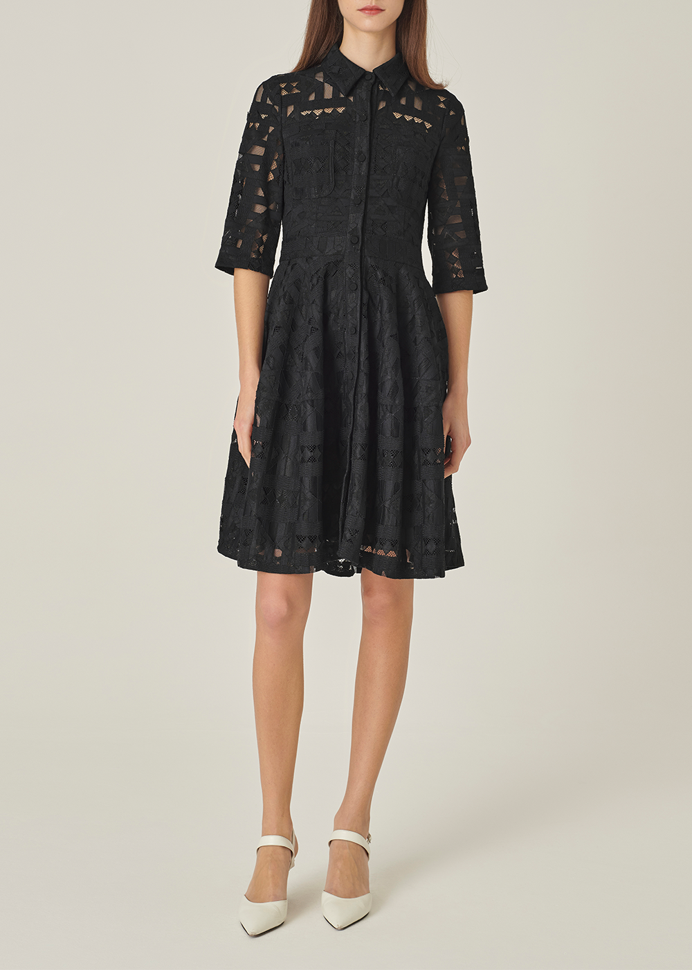 SALAZIA Black Stretch Crepe Short-Sleeve Dresses