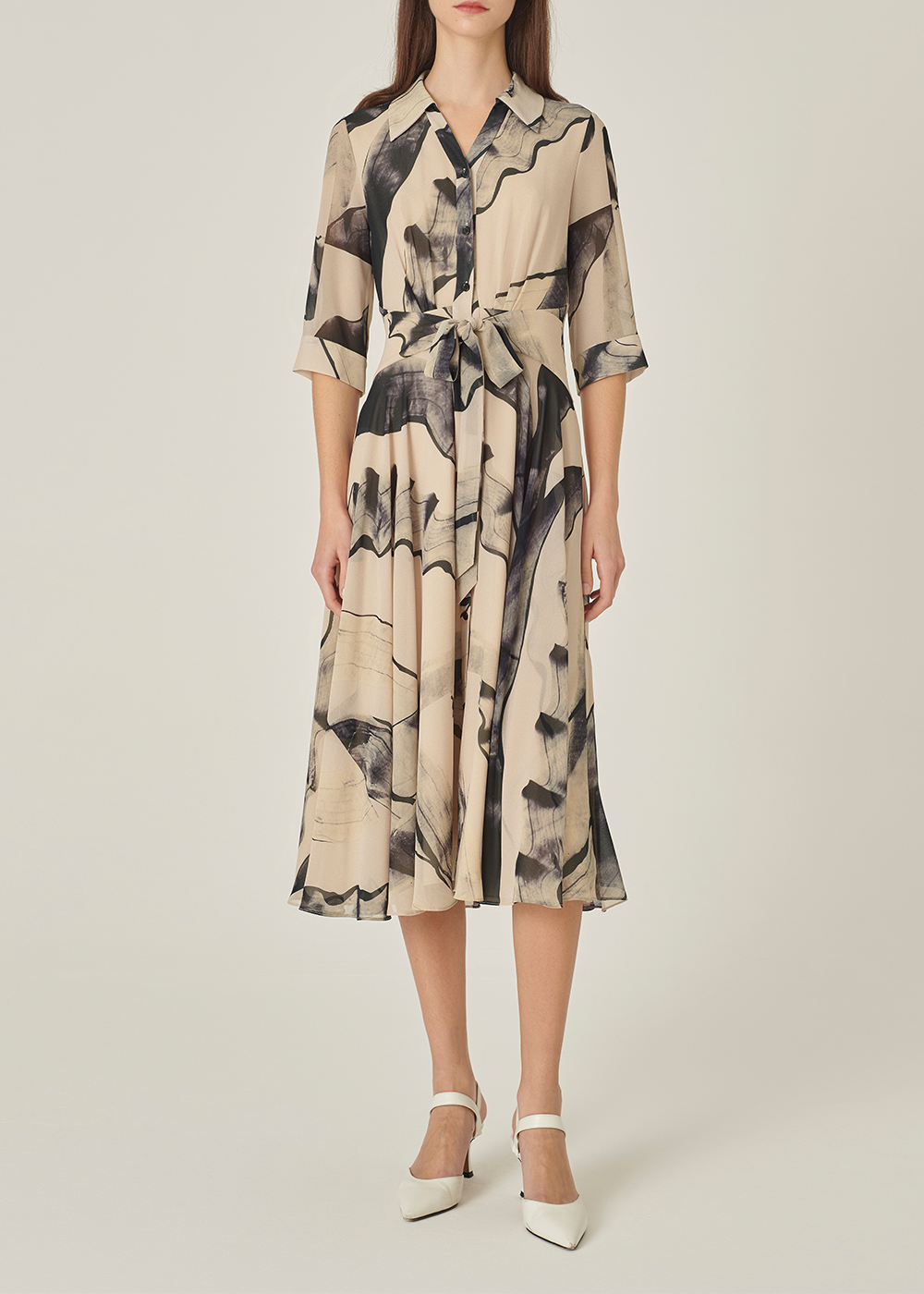 SALAZIA Grey-Beige Ink Wash Long-Sleeve Dresses