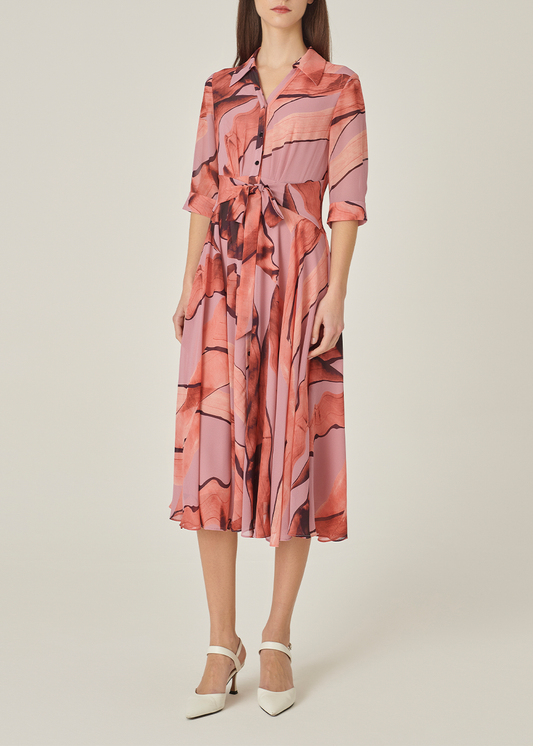 SALAZIA Grey-Beige Ink Wash Long-Sleeve Dresses