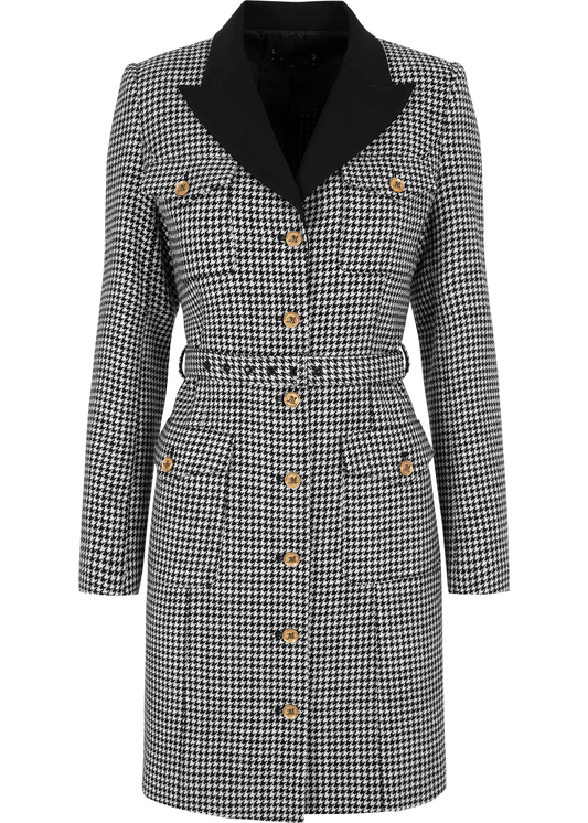 SALAZIA Black-White Houndstooth Wool Blend Dresses