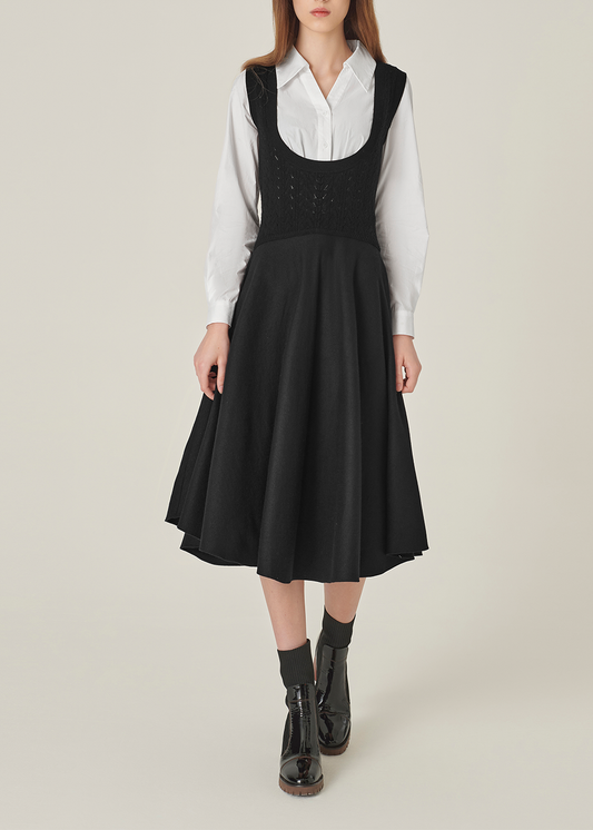 SALAZIA Black-White Colorblock Wool Blend Long-Sleeve Dresses