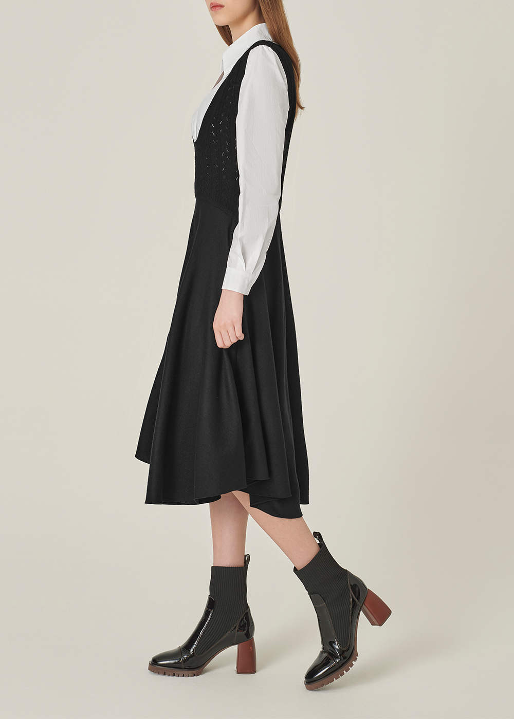 SALAZIA Black-White Colorblock Wool Blend Long-Sleeve Dresses