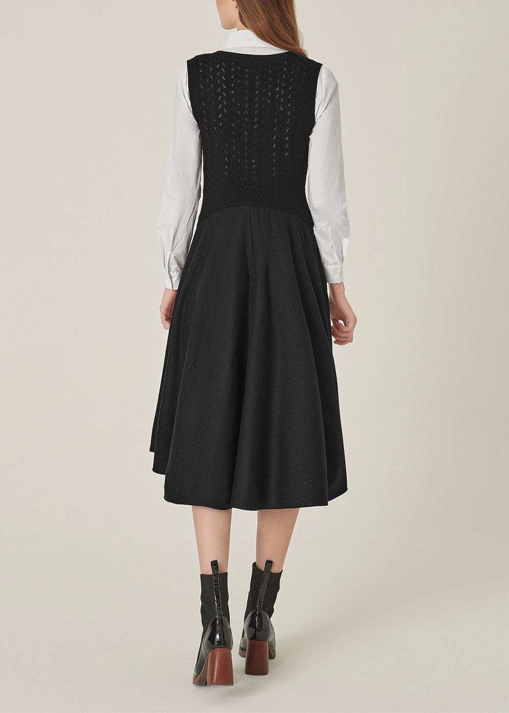 SALAZIA Black-White Colorblock Wool Blend Long-Sleeve Dresses