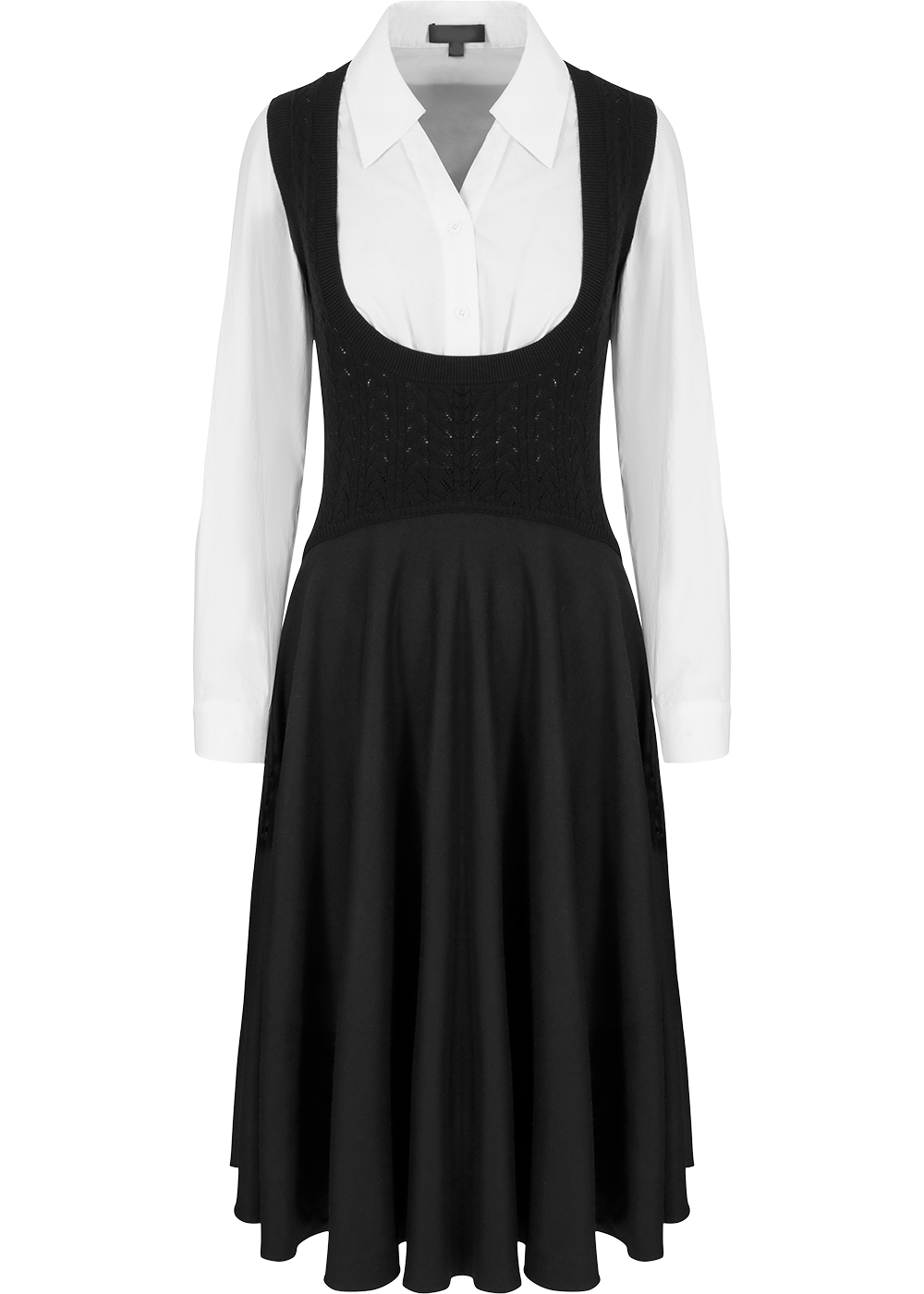 SALAZIA Black-White Colorblock Wool Blend Long-Sleeve Dresses