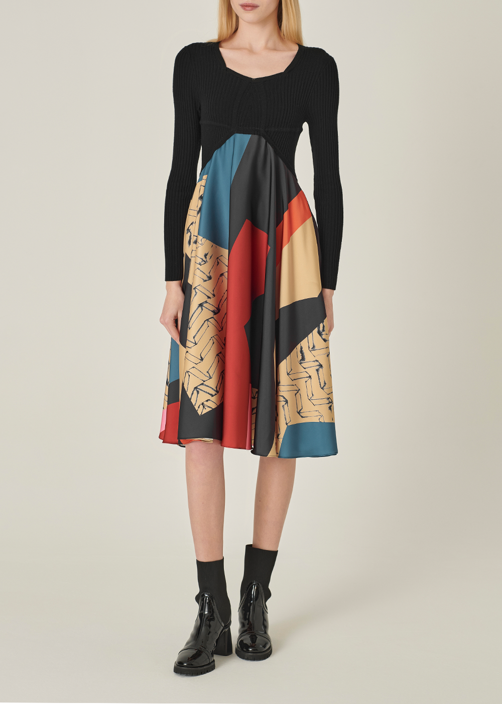 SALAZIA Red Art Collage Wool Blend Dresses