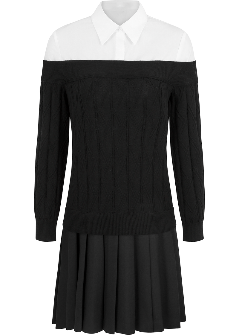 SALAZIA Black-White Colorblock Wool Blend Dresses