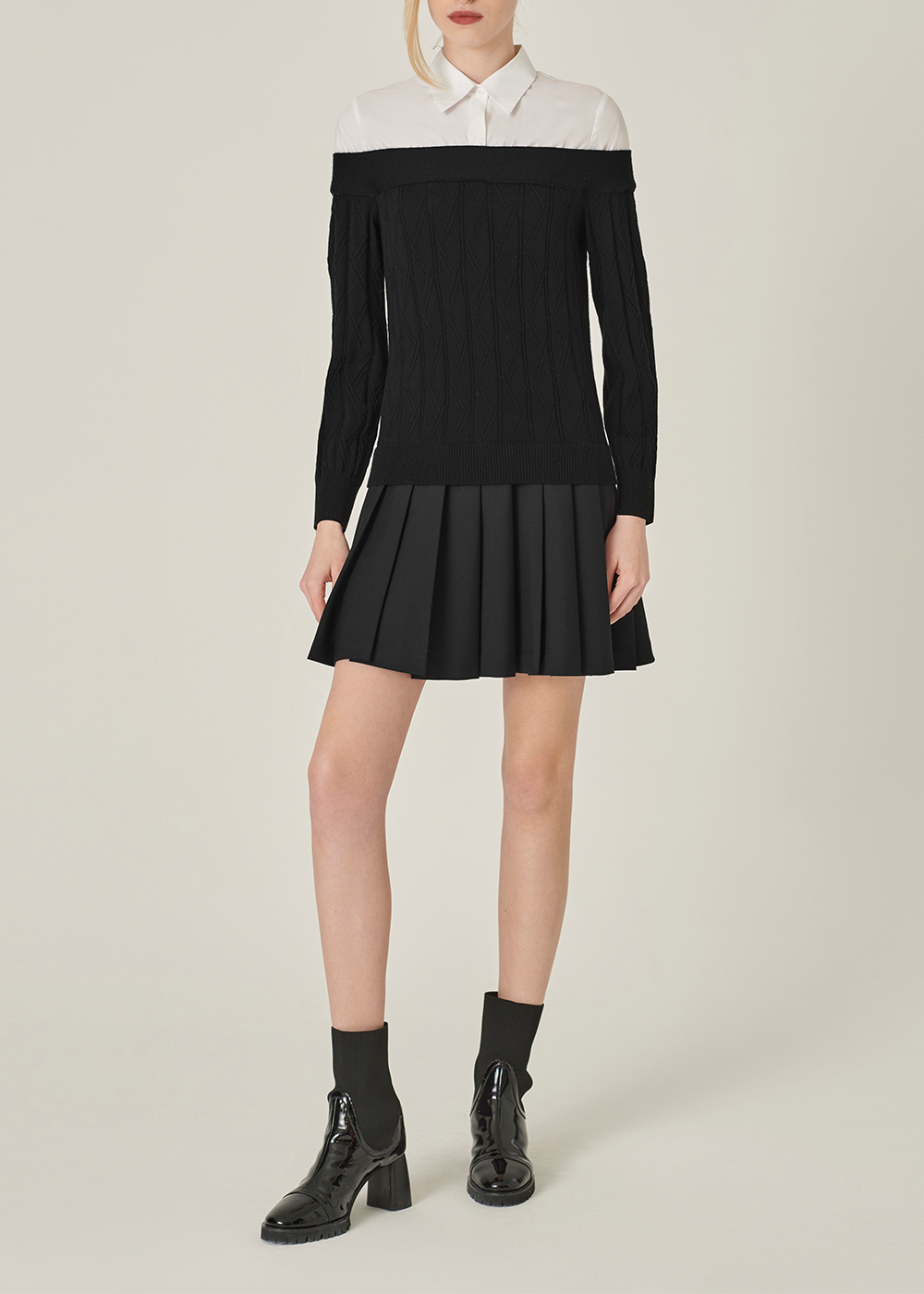 SALAZIA Black-White Colorblock Wool Blend Dresses