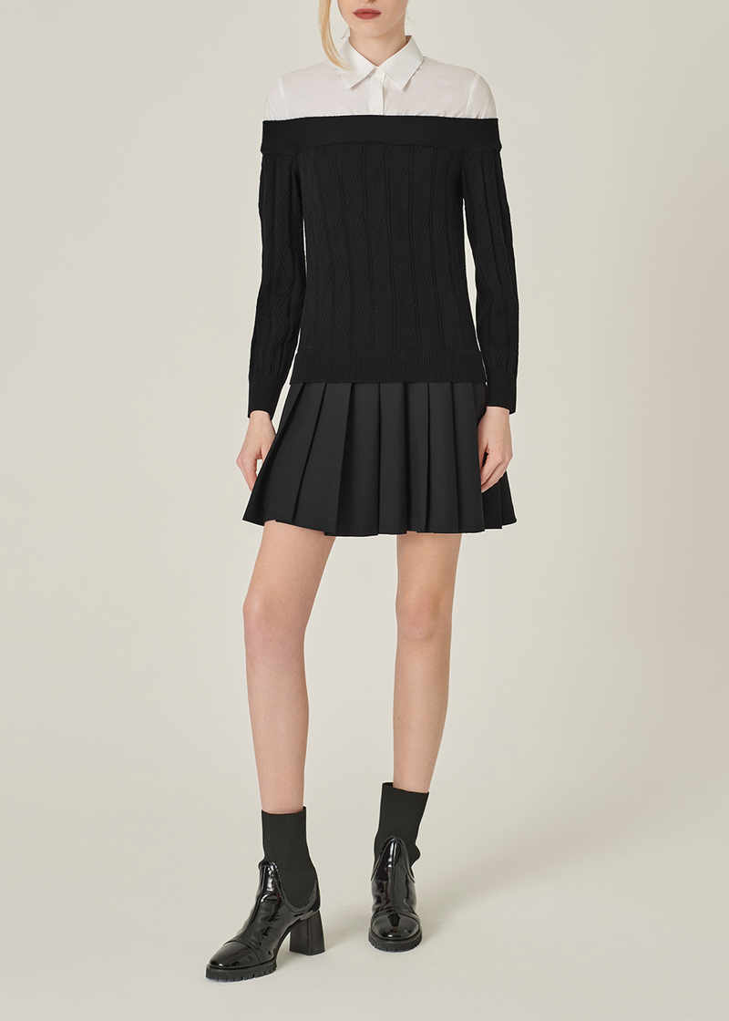 SALAZIA Black-White Colorblock Wool Blend Dresses
