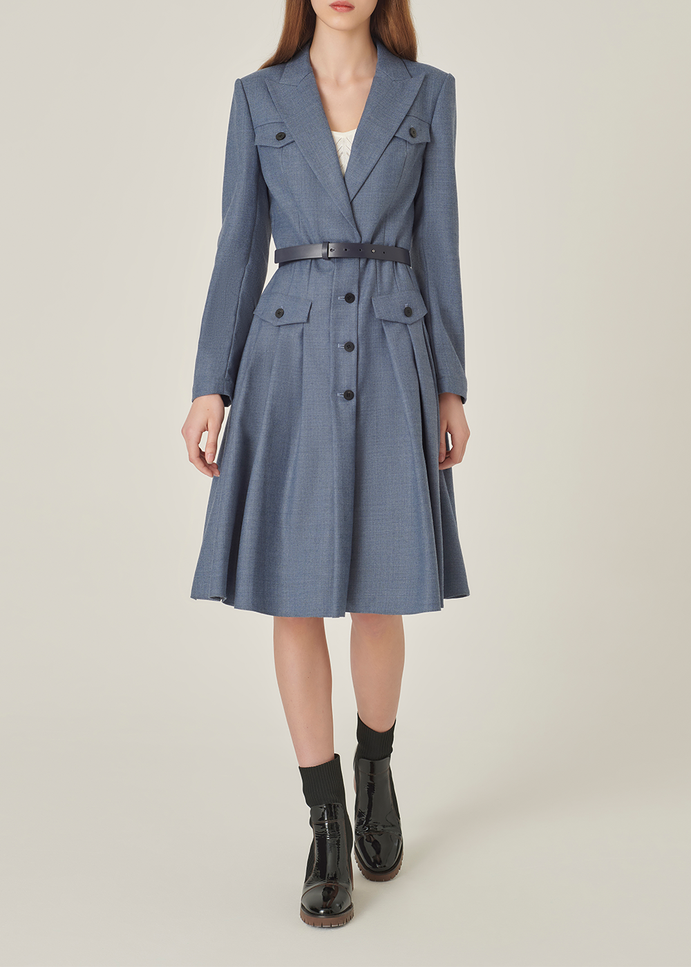SALAZIA Misty Blue Wool Blend Long-Sleeve Dresses