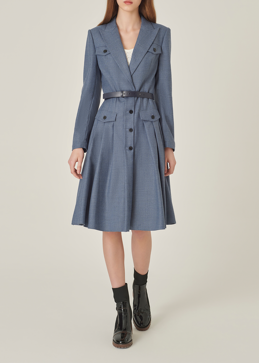SALAZIA Misty Blue Wool Blend Long-Sleeve Dresses
