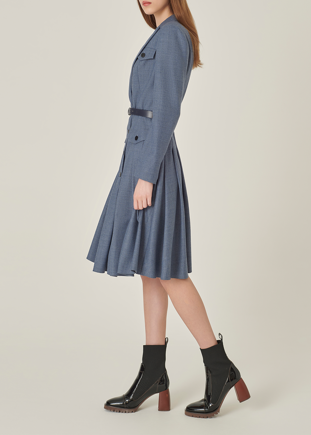 SALAZIA Misty Blue Wool Blend Long-Sleeve Dresses