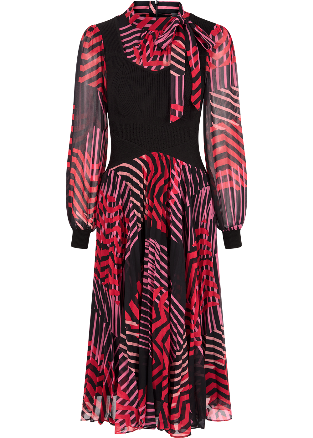 SALAZIA Red-Black Artistic Stripe Fit-and-Flare Dresses