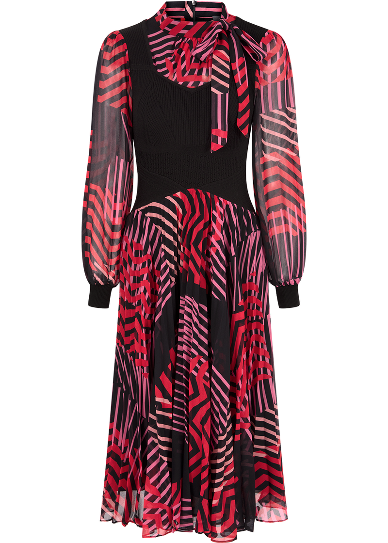 SALAZIA Red-Black Artistic Stripe Fit-and-Flare Dresses