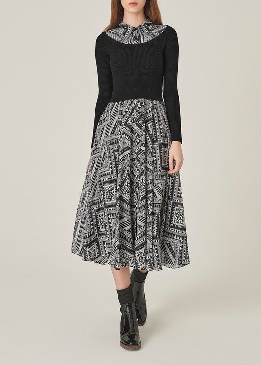 SALAZIA Black-White Art Print Wool Blend Dresses