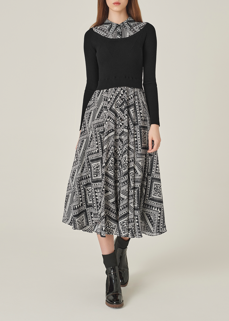 SALAZIA Black-White Art Print Wool Blend Dresses