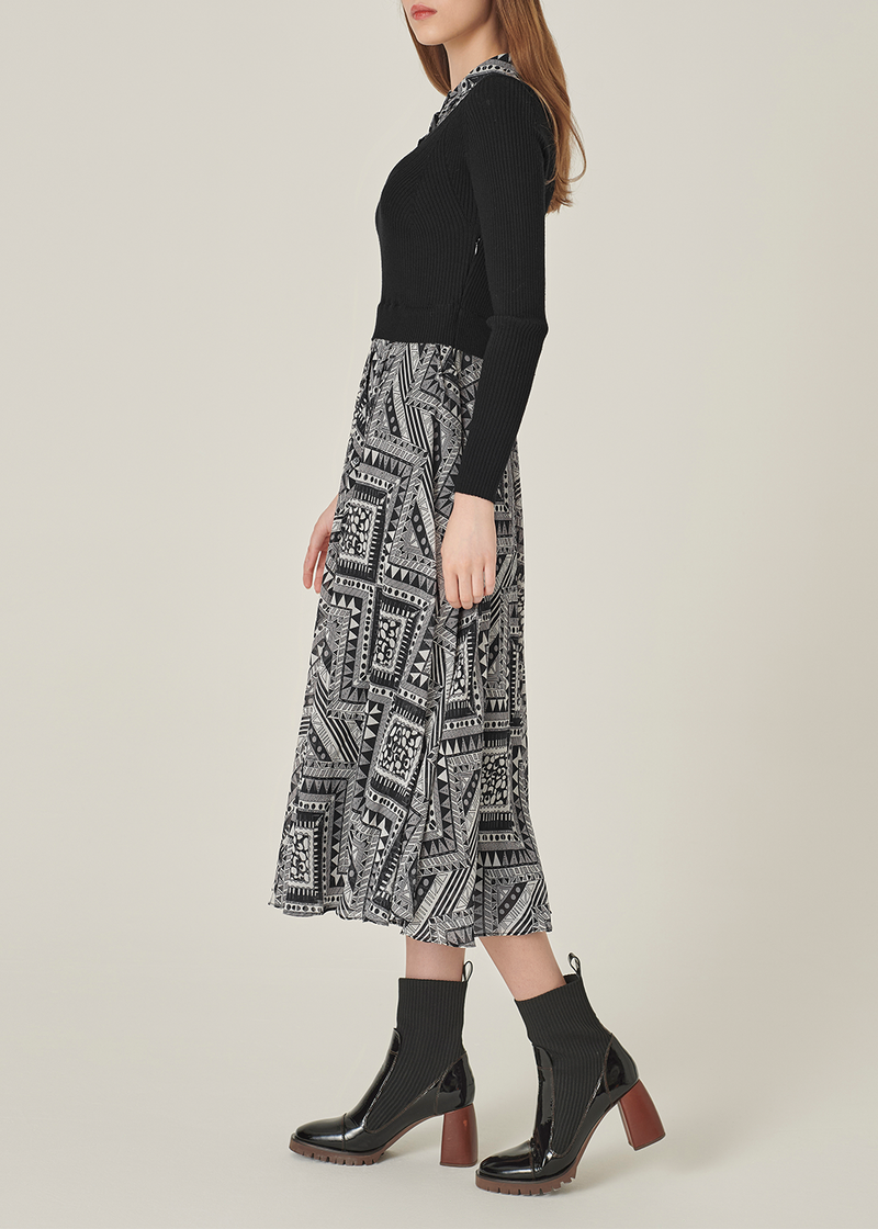 SALAZIA Black-White Art Print Wool Blend Dresses