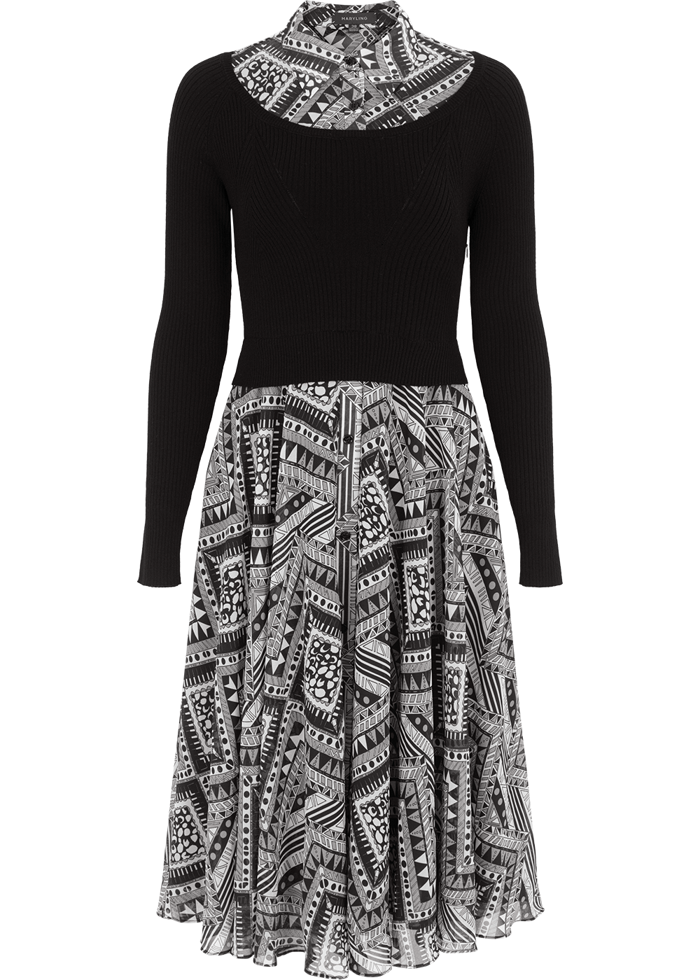SALAZIA Black-White Art Print Wool Blend Dresses