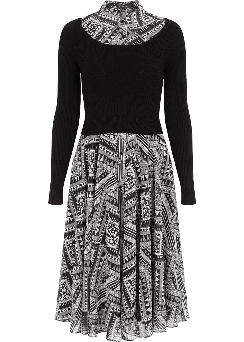 SALAZIA Black-White Art Print Wool Blend Dresses