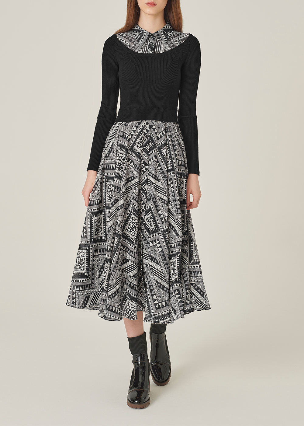 SALAZIA Black-White Art Print Wool Blend Dresses