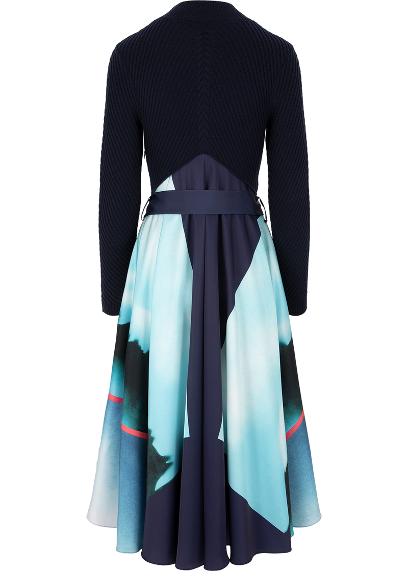SALAZIA Blue-Pink Art Print Wool Blend Dresses