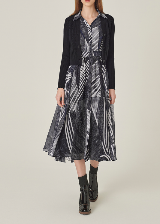 SALAZIA Black-White Snow Trail Long-Sleeve Dresses