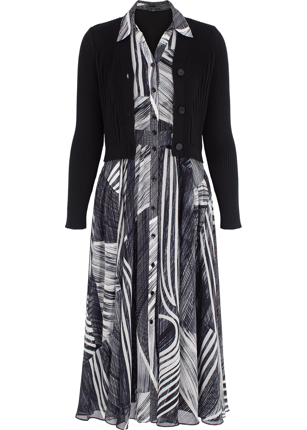 SALAZIA Black-White Snow Trail Long-Sleeve Dresses
